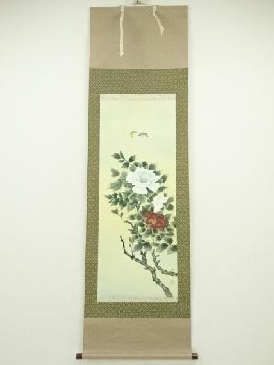大野木正園筆　牡丹図　肉筆絹本掛軸（箱付）